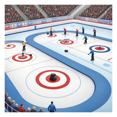 An icon showing a curling match on an indoor ice stadium, with a polished curling stone gliding toward the target and players sweeping. Spectators watch from stands, and flags hang above the rink. Transparent background highlights strategy and focus in the sport of curling. sticker