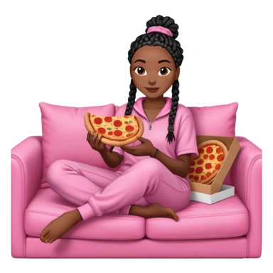 A dark-brown-skinned Black woman with black box braids, sitting on a pink couch, holding an open pizza box.She’s wearing comfy loungewear, looking relaxed and enjoying her food. sticker