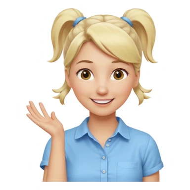 A playful blonde female mature realistic character with wide, mischievous eyes, smiling, ponytail, dynamic pose suggesting movement, pastel colors, minimalistic and cute emoji style. sticker