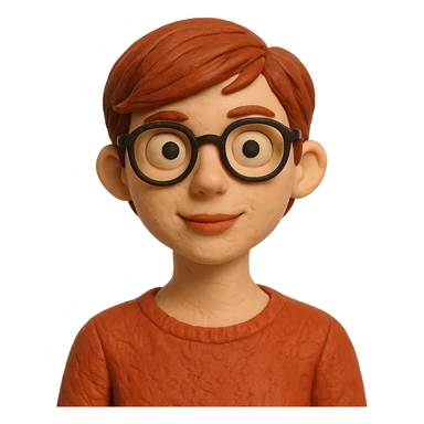 claymation style woman in her 20s with auburn pixie cut (side part) and glasses sticker