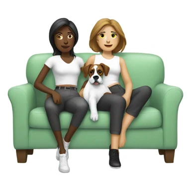 Two women with white boxer on couch sticker
