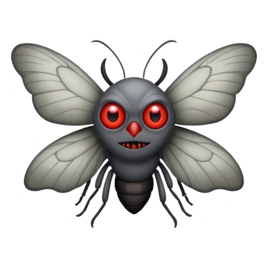 Create a scary emoji of the Mothman with bright red eyes and as depicted in the legend. Make it less bird like and more Moth / Human hybrid sticker