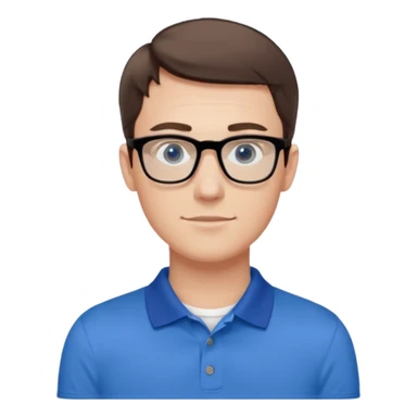 Young white man, late 20s, short brown hair, blue eyes, clean-shaven, thin black rectangular glasses, slim build, wearing a blue polo shirt, friendly and energetic look. sticker