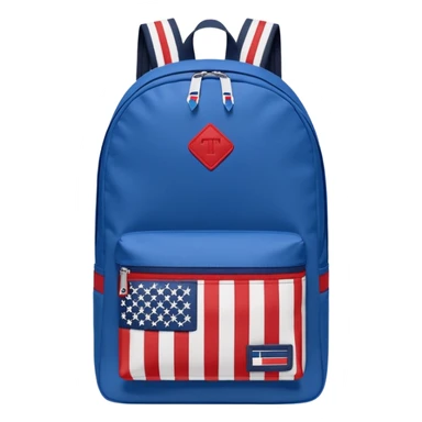 simple blue backpack, at the bottom pocket there is a  tommyjeans logo featuring a Tommy Jeans-inspired logo. The logo looks like a vertically-striped American flag in red, white, and navy. The flag stripes are vertical, not horizontal. Flat

 sticker