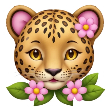A cutE leopard face with eyes closed and a peaceful smile. A pink flower with a yellow center is tucked behind its right ear, adding a charming and gentle touch.  sticker