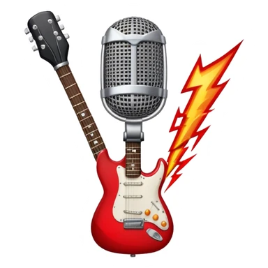 Create a bold and dynamic emoji representing rock vocal performance in a humanless collage. The design should feature a vintage microphone at the center, surrounded by key rock elements like an electric guitar, drumsticks, and a guitar pick. Include symbols of energy, such as lightning bolts or flames, and subtle musical notes or sound waves to evoke the raw power of rock vocals. Use dark, bold colors like black, silver, and red, with hints of chrome or metallic accents to convey the edgy, rebellious spirit of rock music. The background should be transparent. sticker