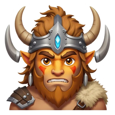 Clash of Clans aesthetic: Cinematic Fierce Barbarian Portrait Emoji, Poised and bold with a rugged yet cartoonish build in tattered furs and a horned helmet, his exposed skin a rich tan, expressive bright eyes and a confident smirk, Simplified yet dynamic features, highly detailed, glowing with a vivid, adventurous aura, high shine, heroic and spirited, stylized with an air of medieval warrior charm, focused and energetic, soft glowing outline, capturing the essence of a fearless barbarian adventurer ready to lead his clan with spirited valor! sticker