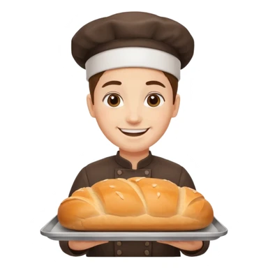 baker holding tray with big bread sticker