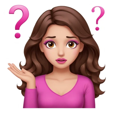 girl with long wavy brown hair, brown eyes, long lashes makeup, sexy pink lips, light to medium complexion, pink sexy top,, shrugging with both hands, confused, question mark sticker