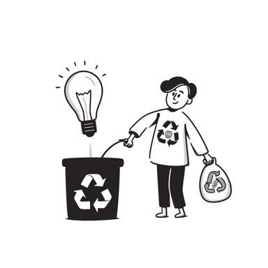 a lightbulb and a battery holding hands, each with a recycling bag, walking to recycle sticker