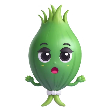 3D chibi green onion character, round white body, big eyes, green leaf hair, dramatic crying face with tears spraying out, pastel kawaii style, soft smooth textures, high quality lighting sticker