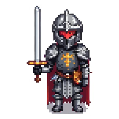 Black Knight from Fortnite, pixel art style, chibi proportions, holding a sword, classic game sprite look sticker