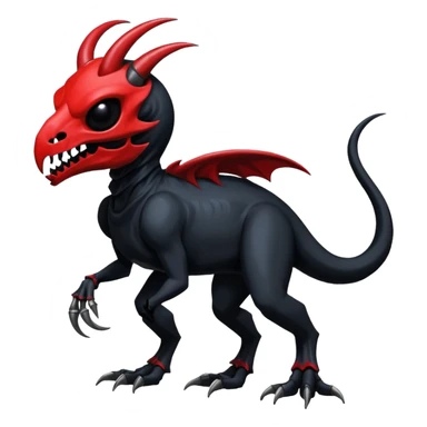 Shiny Dark Edgy  Duskull-Salandit-Inteleon-Amaura-Fakémon-hybrid-creature (full body) with a horned animal-skull-mask sticker