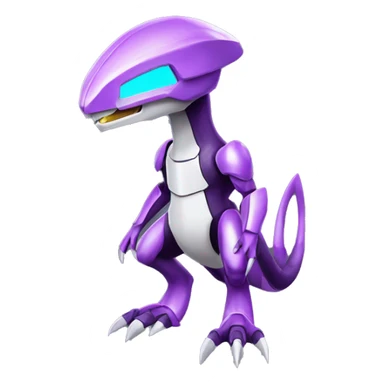 a shiny Genesect-Raptor-Fakémon—hybrid with a futuristic visor-helmet full body sticker