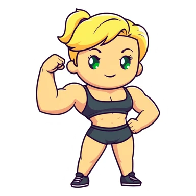 full body pose of a muscular white girl with blonde hair and green eyes, flexing 6 pack abs and one arm bicep sticker