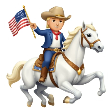 A cartoon-style emoji of Donald Trump riding a majestic white horse, wearing a cowboy hat and a confident smile, with a small American flag in his hand. The horse is galloping energetically, and the background is a simple desert landscape with a few  sticker