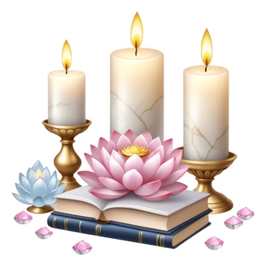 Aesthetic candles, flower petals, books, marble stand, crystal stones, lotus, feathers, zen, decoration, meditation,  sticker