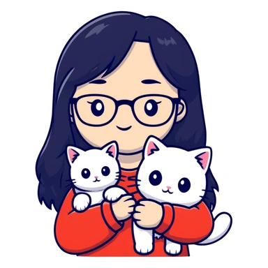 Girl with long black hair and glasses holding a white kitten sticker