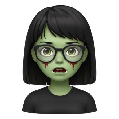 A zombie girl in Apple Memoji format with straight black hair with bangs, wearing a black shirt and black glasses sticker