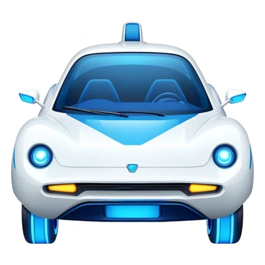 Futuristic retro hover white car with very sharp angular design and intense glowing blue wheels, direct front view showing headlights, flat vector style, minimal color palette with blue accents sticker