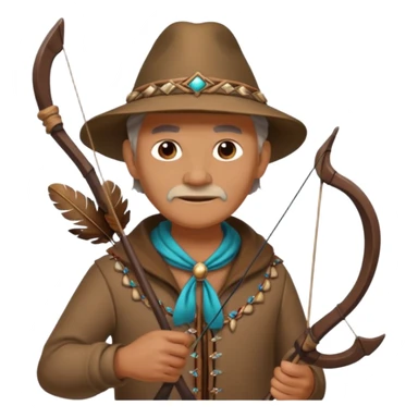 The classic image of a middle-aged uncle hunter carrying a bow, dressed in brown clothes, with some ornaments made of feathers, bones or teeth on his body. sticker