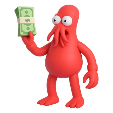 Full body 3D emoji style illustration of Zoidberg from Futurama holding up a stack of money, no background. Use 3D emoji style as the target style. sticker