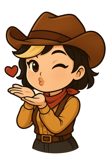 Sexy chibi cowgirl with short hair and a blonde streak, wearing a cowboy hat and western outfit, no guns. Pose: blowing a kiss with both hands, flirty expression, chibi/anime style, sized for Twitch or Discord use, transparent background. sticker