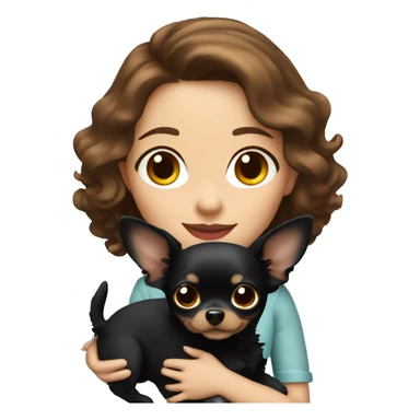 Pretty woman with brown wavy hair holding a black chihuahua  sticker