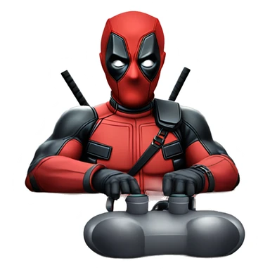 Deadpool holding xbox controller sitting at a desk, front view sticker