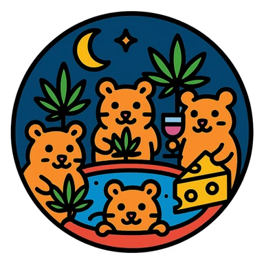 circular centered composition of a hamster cult weed and cheese pool party at night, outlined and graphic, color outline style sticker
