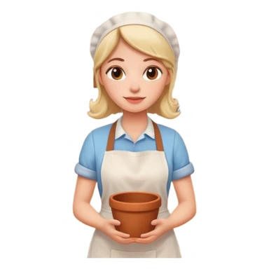 cartoon Apple iOS emoji style woman, pastel colors, Chilean wooden kitchen background, clay pots, warm light, detailed and clean vector art sticker