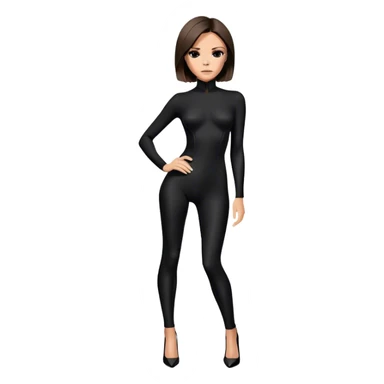 Victoria Beckham with light skin, short dark brown bob, black catsuit wearing black heels sticker