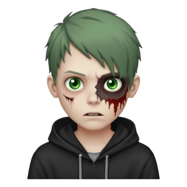 Zombie boy with green-gray eyes, with messy emo brown hair, wearing only a hoodie sticker