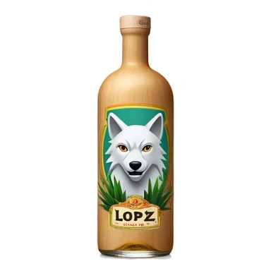 A tequila blanco classic long cylindrical bottle with a wolf on top of the label, "Lopez" on the middle, and agave plants on the bottom. The cap is made of light wood. sticker