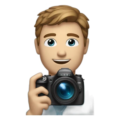 man with camera, he was smiling and he have brown short hair, blue eyes and he was tall. up camera there is a text "dir by mlodyw"  sticker