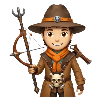 male human monster hunter emoji, wearing brown leather coat and wide hat, holding crossbow, with amulet shaped like skull, Halloween fantasy theme, confident smile, orange scarf, Apple emoji style, clean white background, square image sticker