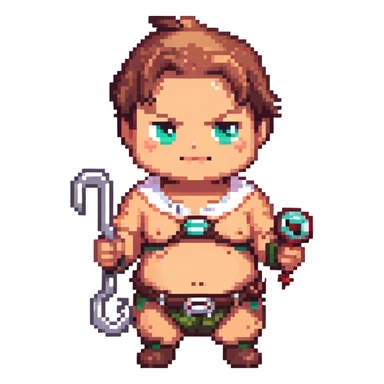 chibi Pudge from Dota 2, happy, holding hook, colorful, cute, pixel art style, standing, transparent background, 512x512 sticker