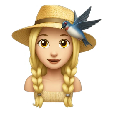 a blonde girl with a swallow with pigtails in straw a hat sticker