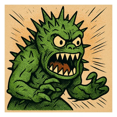 spiky green monster, sharp teeth, comic book style sticker