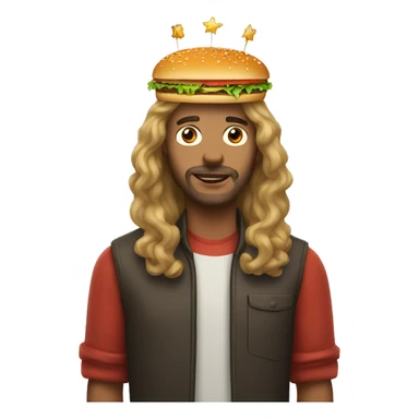 Man with long hair wearing burger kind crown  sticker