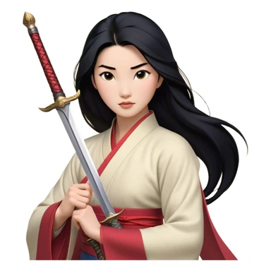Cinematic Realistic Mulan Portrait, depicted with lifelike skin texture, soft natural lighting, and intricately detailed long black hair styled elegantly. Her deep, expressive eyes exude determination and grace, complemented by a serene yet confident expression. She stands with one hand resting on the hilt of her sword, the other by her side, exuding strength and poise. She is dressed in her classic attire, with rich fabric textures and delicate folds that catch the light beautifully. The portrait features a soft, enchanting glow with a natural, radiant finish, capturing the essence of timeless strength and beauty in a realistic and painterly style, evoking a sense of depth and authenticity. sticker