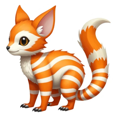 lush warm-colored Fakémon-Trico-creature (full body) with white cheek markings, white-striped tail sticker