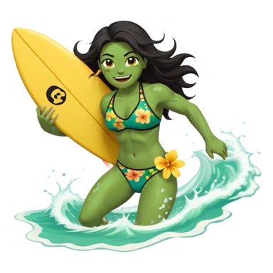 ork female holding small yellow bodyboard, running through shallow turquoise waves, muscular green body, bright floral bikini, fierce joyful grin showing tusks, long wet dark hair splashing, foam and spray, minimalist beach and ocean background, centered emoji, vibrant summer colors, sticker style sticker