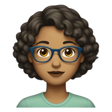 A girl with short, curly black hair, black eyes, brown skin, blue glasses, and an olive-coloured shirt over it.  sticker