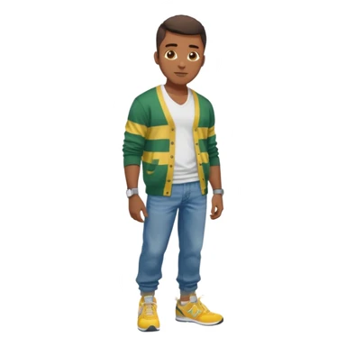 Handsome Black guy with brown skin tone, with lean muscular build, wearing baggy blue jeans, a white v-neck t-shirt, a yellow and green striped cardigan sweater, and grey new balance sneakers  sticker