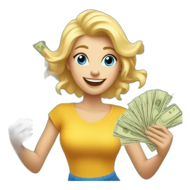 blonde girl with blue eyes rejoices and dances while holding money in her hands sticker
