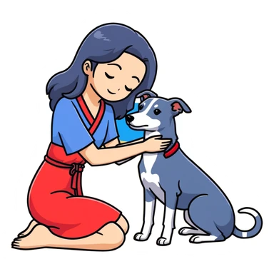 Only ONE beautiful 25-year-old Japanese woman with long flowing black hair wearing a stylish BLUE beach dress, gently PETTING her ONE PURE SOLID DARK GREY whippet with a bright RED COLLAR on a sunny beach. The woman is kneeling or bending down to pet the whippet, with her hand lovingly stroking the dog's head or back. The single whippet MUST be 100% SOLID DARK GREY with ABSOLUTELY NO WHITE MARKINGS ANYWHERE - specifically NO WHITE on face, NO WHITE on chest, NO WHITE on paws - ENTIRELY ONE CONSISTENT SOLID DARK GREY COLOR throughout. Just one woman and one dog. Bright blue daytime sky, sunshine, blue ocean and golden sand beach in the background. sticker