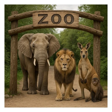natural wooden archway labeled 'zoo', lifelike elephant, lion, kangaroo, and monkey standing at the entrance, avoid any AI or synthetic look sticker