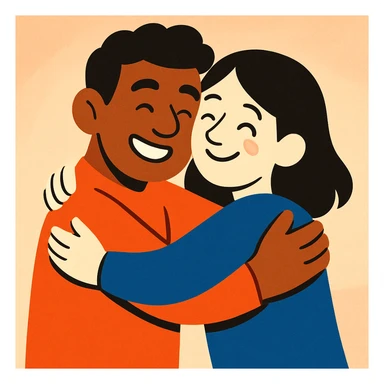 friendly illustration of a brown-skinned man and a white-skinned woman with black hair hugging, soft background sticker