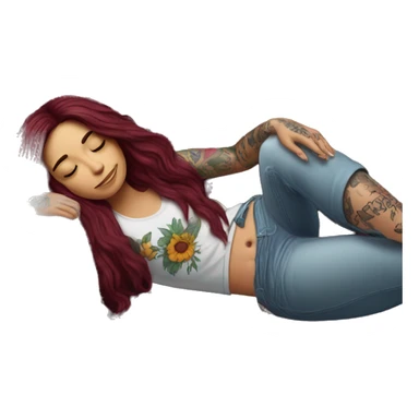 Beautiful tattooed burgundy long haired woman napping on sofa sticker